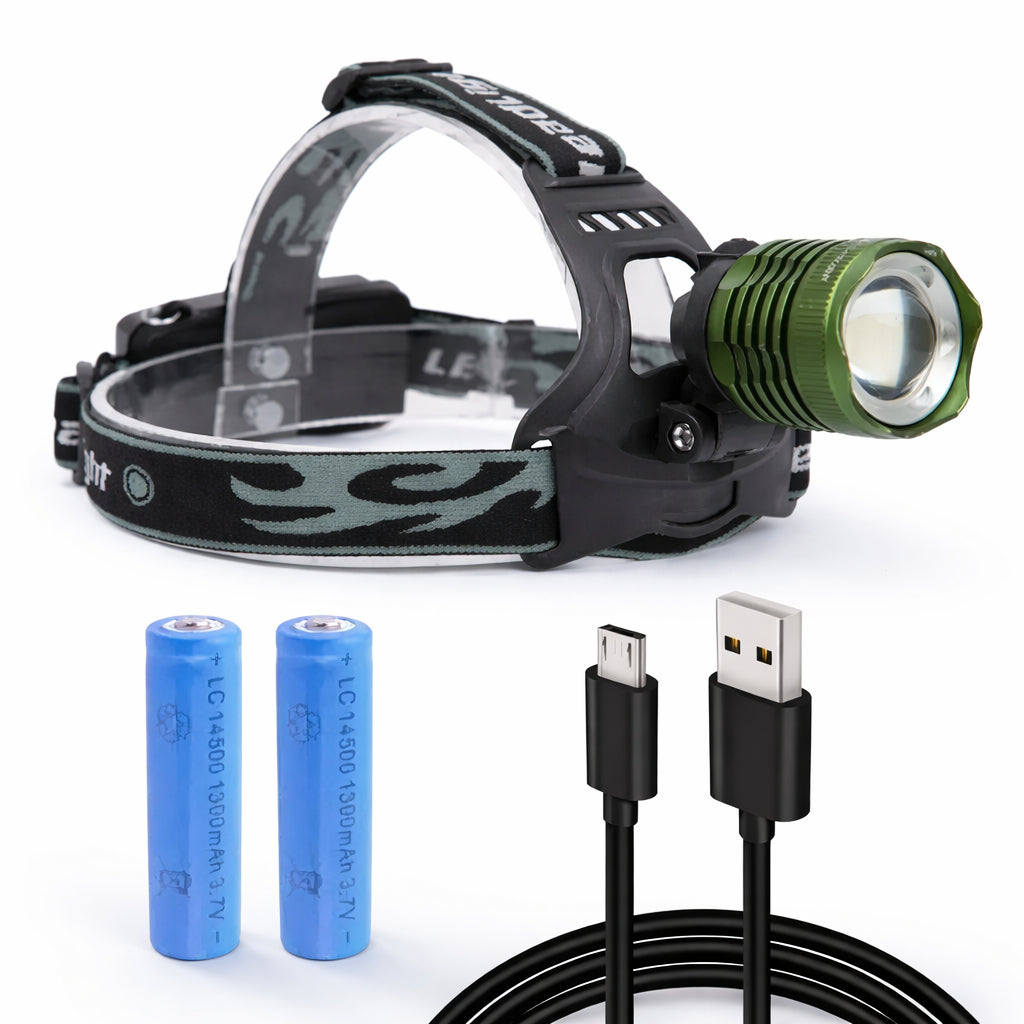 Налобний ліхтар + 2 акумулятори, Zoom, USB, Police 2189-T6, Зелений / Ліхтарик на лоб / Світлодіодний ліхтар на голову