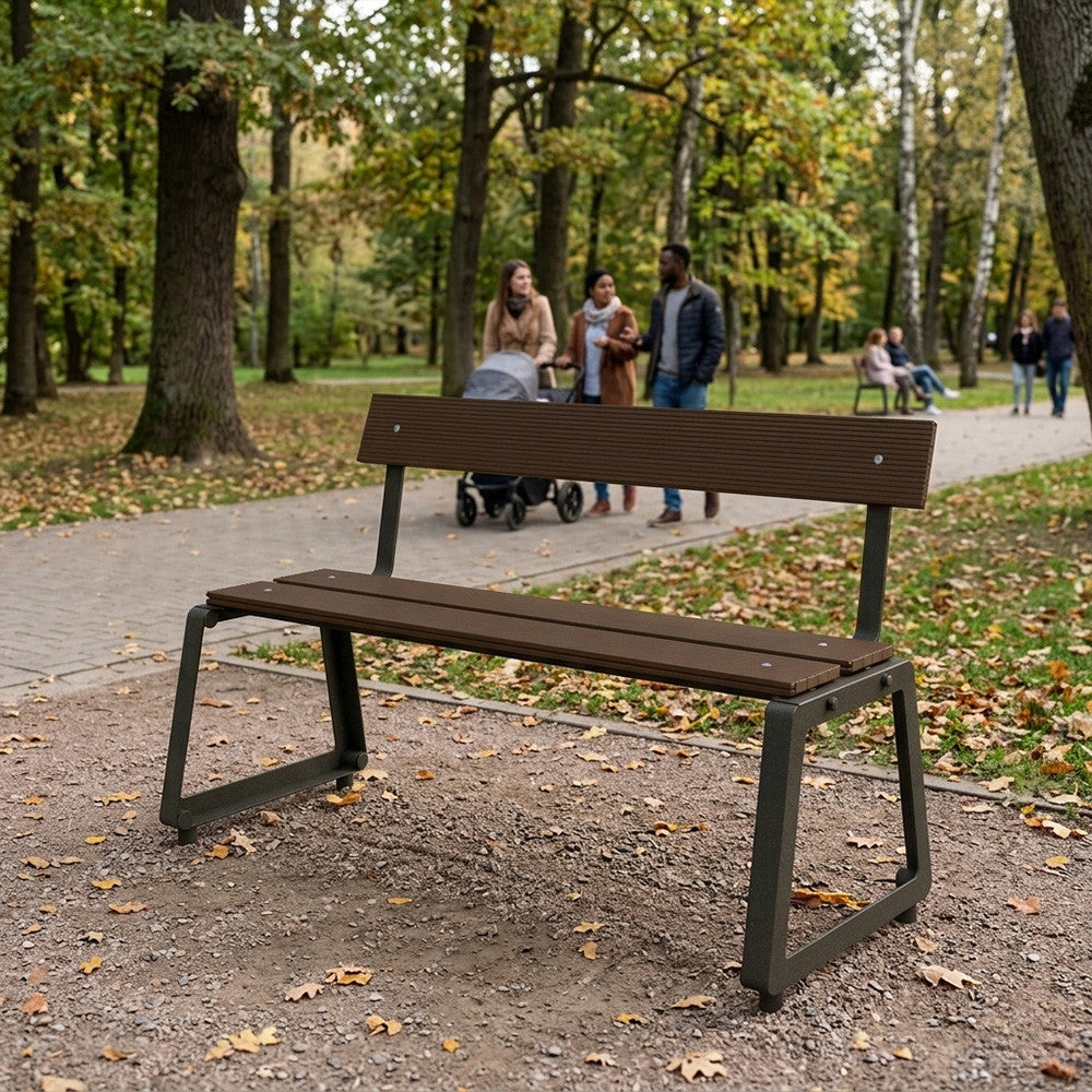 Лавка зі спинкою, сталь та терасна дошка 117х53х73 см, Zorena, Венге / Садова лавка металева / Лавка вулична