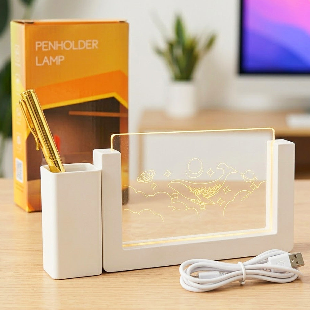 Настільна акрилова лампа органайзер для ручок кит 2D, USB, Білий / Декоративний світильник з підставкою для ручок, теплий нічник