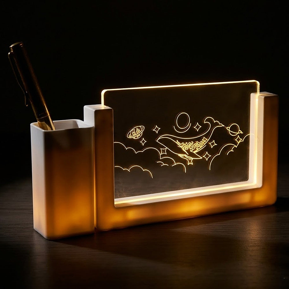 Настільна акрилова лампа органайзер для ручок кит 2D, USB, Білий / Декоративний світильник з підставкою для ручок, теплий нічник