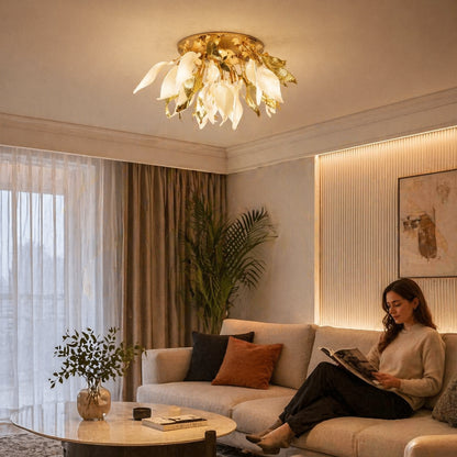 Стельова люстра з керамічними пелюстками 75х35см (10 ламп E14) 7208-10C GD / Світильник стельовий / Люстра на стелю