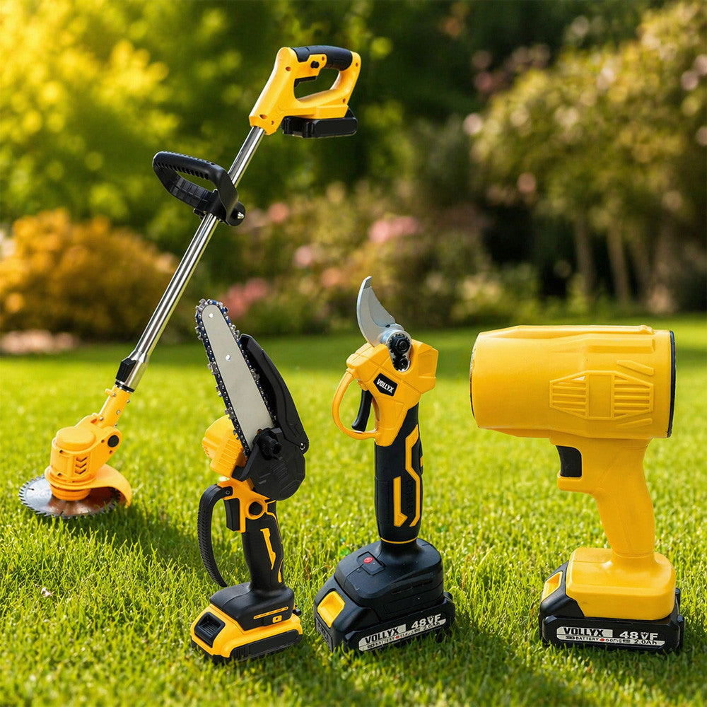 Набір 4в1 (газонокосарка, ланцюгова пила, секатор, повітродувка) +2АКБ 48В, Жовтий / Набір акумуляторного інструменту