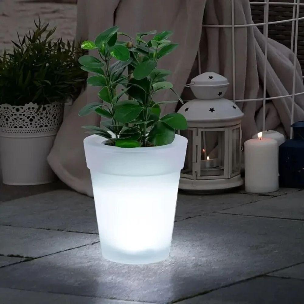 Вуличний вазон з LED та сонячною панеллю 19,3×16,5см, Garden Glow, Білий / Квітковий горщик / Пластикове кашпо для рослин