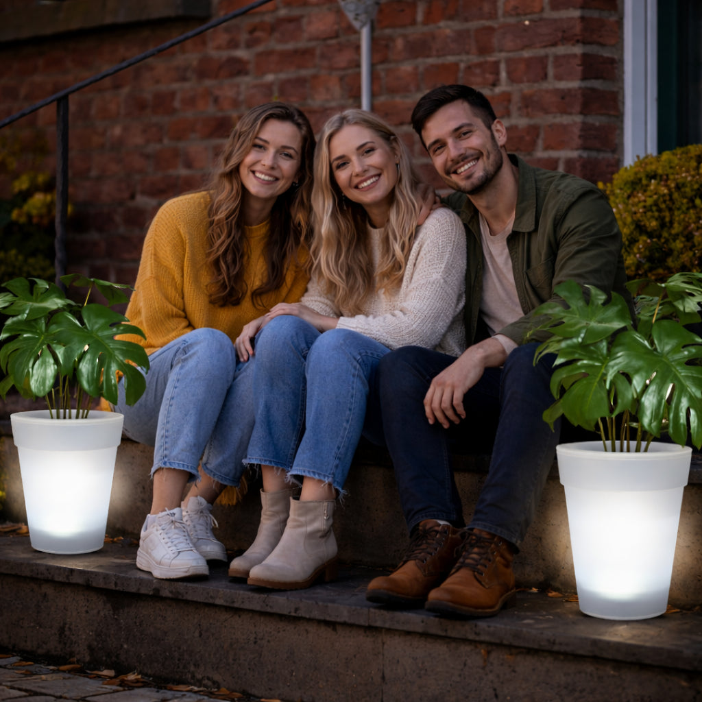 Вуличний вазон з LED та сонячною панеллю 19,3×16,5см, Garden Glow, Білий / Квітковий горщик / Пластикове кашпо для рослин
