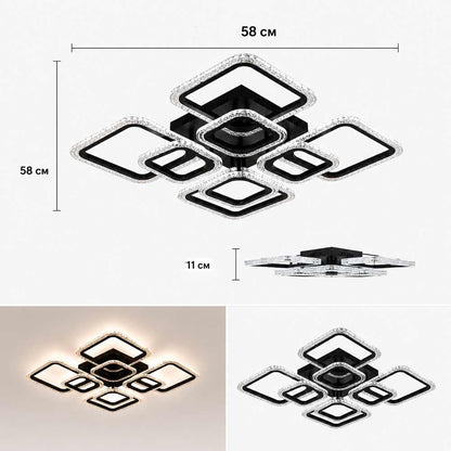 Світлодіодна люстра з пультом, квадратна, LED, 58x58x11см, X-593, Чорна / LED світильник квадратний / Стельова люстра