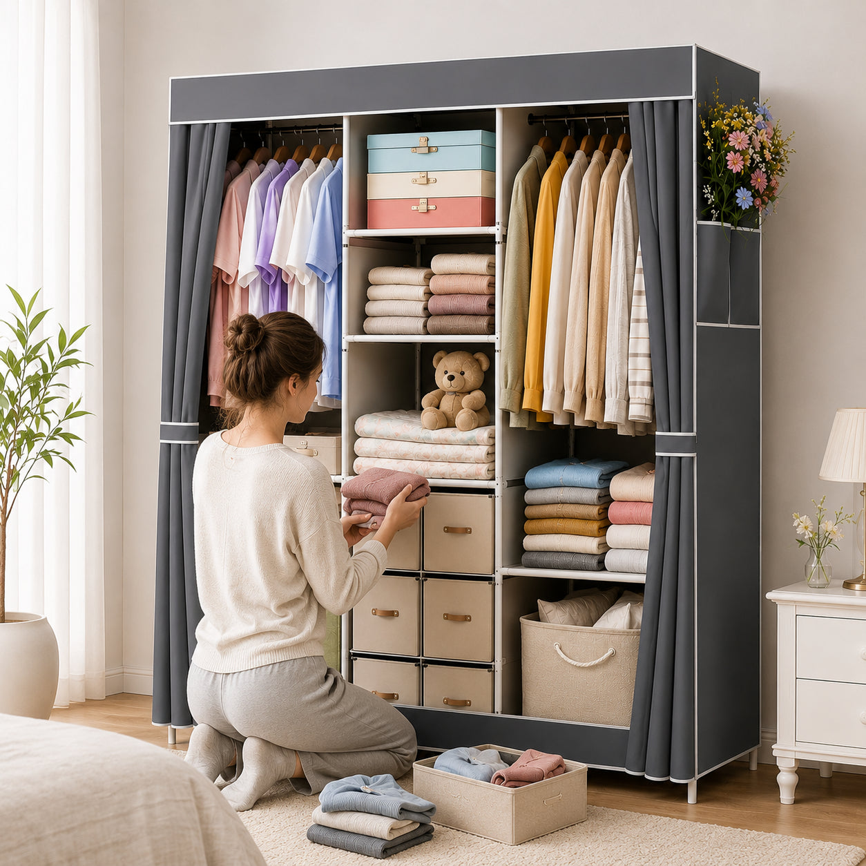 Каркасна тканинна шафа для одягу, 170х130х45 см, Сірий / Шкаф органайзер для речей / Тканинний стелаж-органайзер для одягу