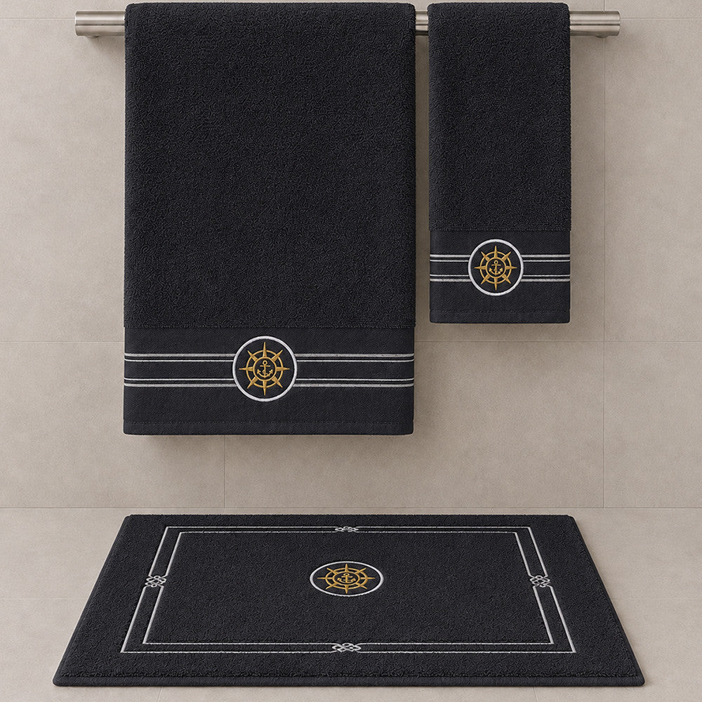 Набір махрових рушників з килимком (150х85,100х50 см, 80х50 см) Elegance Marine, / Рушники махрові / Банні рушники