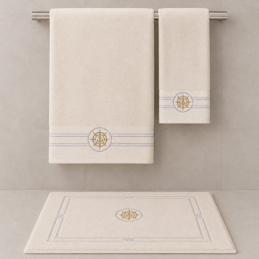Набір махрових рушників з килимком (150х85,100х50 см, 80х50 см) Elegance Marine, / Рушники махрові / Банні рушники