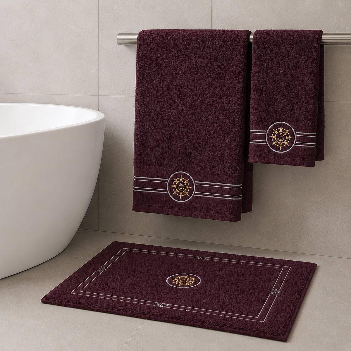 Набір махрових рушників з килимком (150х85,100х50 см, 80х50 см) Elegance Marine, / Рушники махрові / Банні рушники