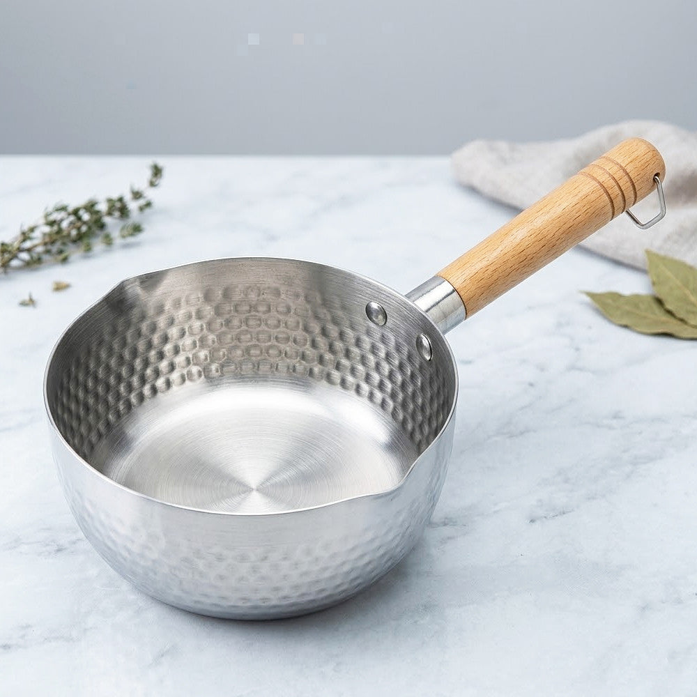 Японський кований ківш з дерев'яною ручкою, 1,6л, Eotia Yukihira Pot INOX, Сріблястий / Кастрюля з молотковою текстурою