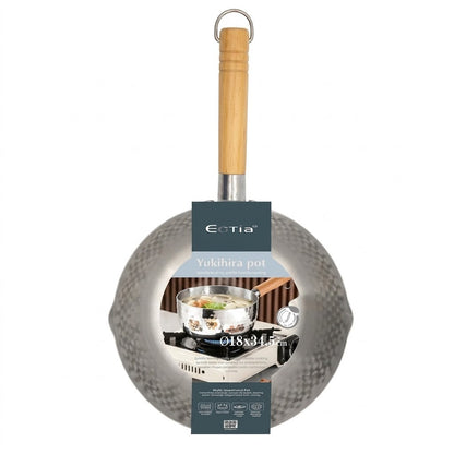Японський кований ківш з дерев'яною ручкою, 1,6л, Eotia Yukihira Pot INOX, Сріблястий / Кастрюля з молотковою текстурою