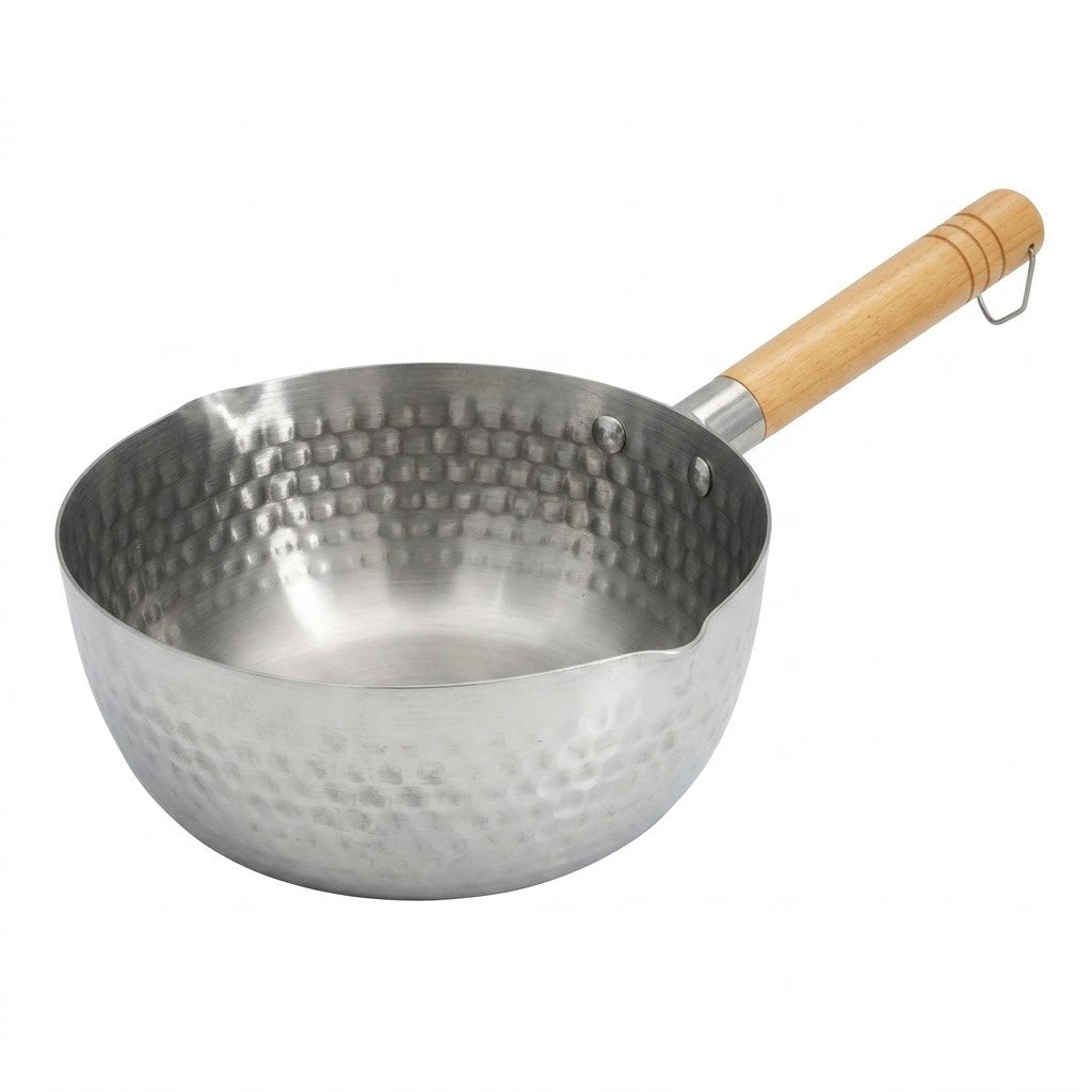 Японський кований ківш з дерев'яною ручкою, 1,6л, Eotia Yukihira Pot INOX, Сріблястий / Кастрюля з молотковою текстурою