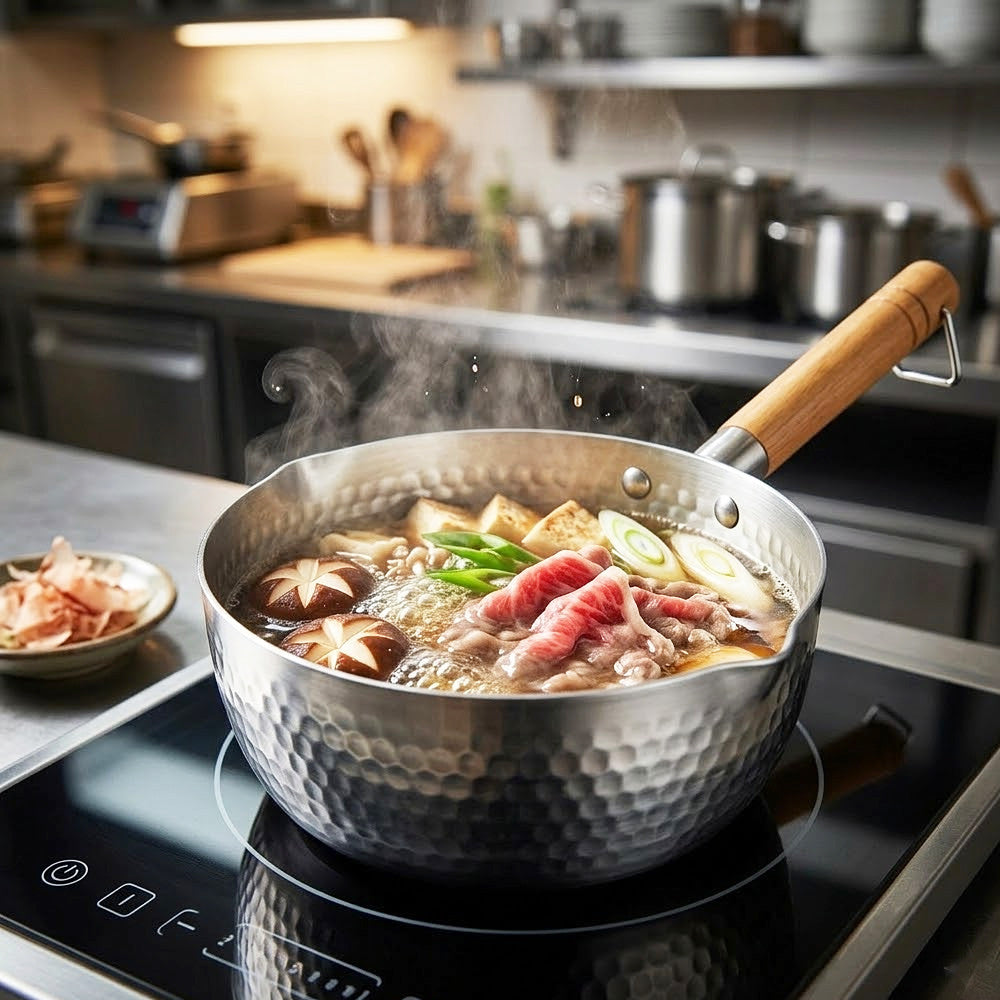 Японський кований ківш з дерев'яною ручкою, 1,6л, Eotia Yukihira Pot INOX, Сріблястий / Кастрюля з молотковою текстурою