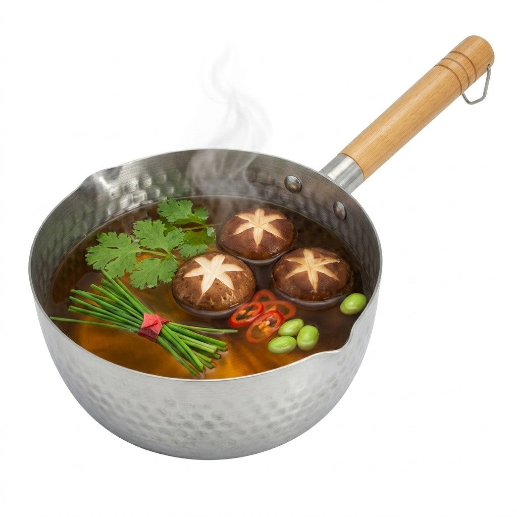 Японський кований ківш з дерев'яною ручкою, 1,6л, Eotia Yukihira Pot INOX, Сріблястий / Кастрюля з молотковою текстурою