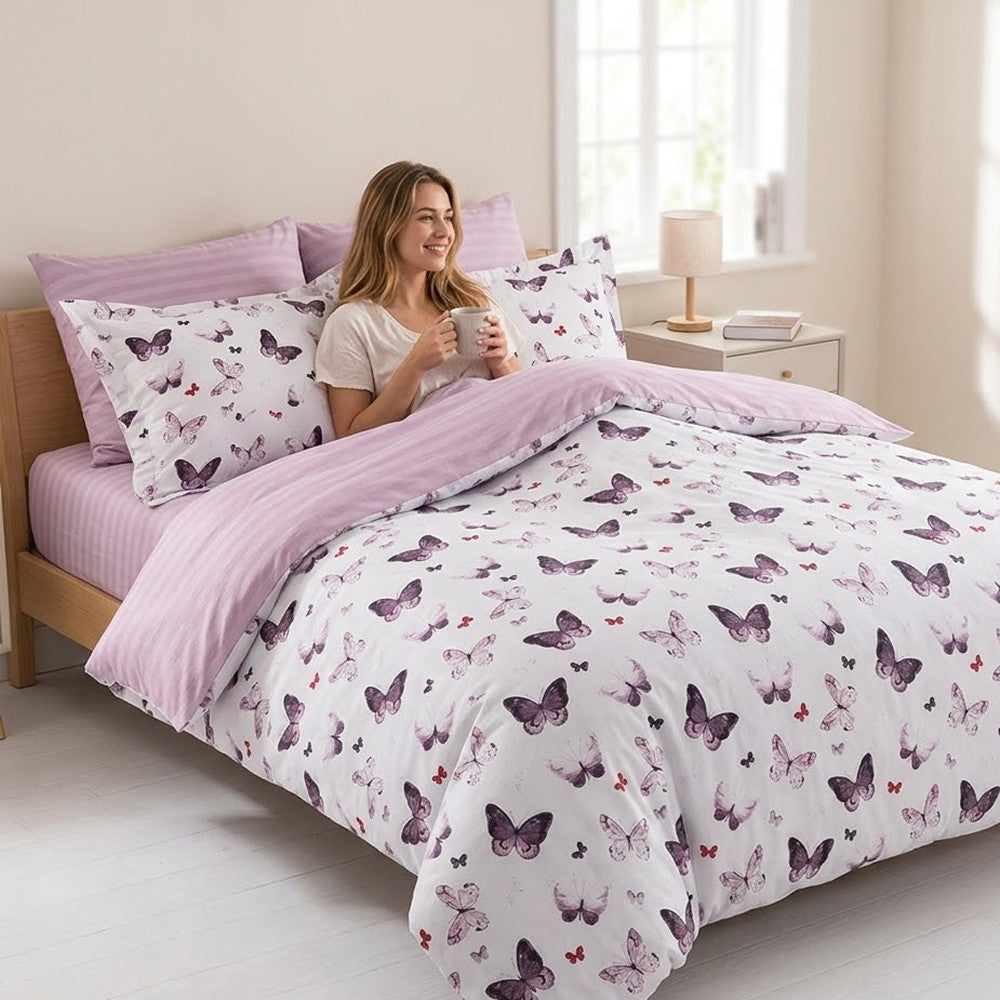Сатиновий набір постільної білизни, євро, Maison D'or Butterfly Valley Dark Lilac, Білий-бузковий / Постільний комплект із сатину