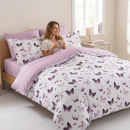 Сатиновий набір постільної білизни, євро, Maison D'or Butterfly Valley Dark Lilac, Білий-бузковий / Постільний комплект із сатину
