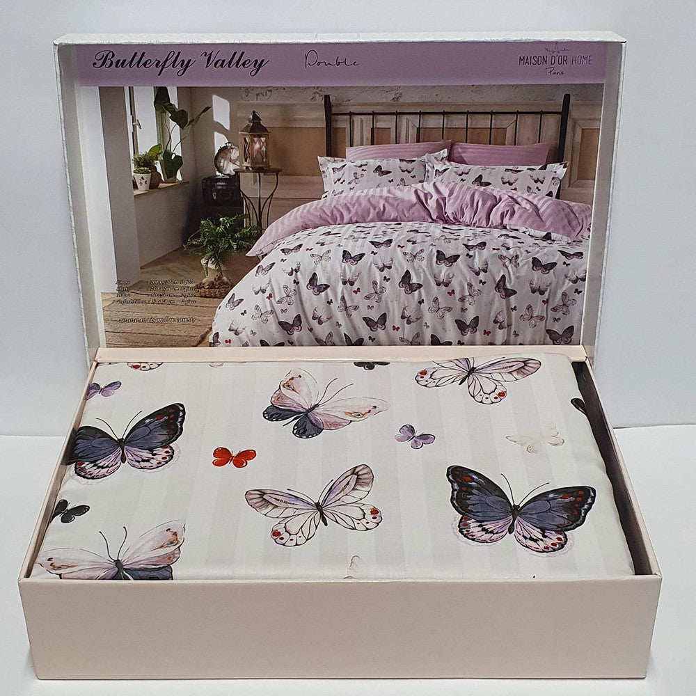 Сатиновий набір постільної білизни, євро, Maison D'or Butterfly Valley Dark Lilac, Білий-бузковий / Постільний комплект із сатину