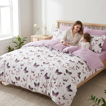 Сатиновий набір постільної білизни, євро, Maison D'or Butterfly Valley Dark Lilac, Білий-бузковий / Постільний комплект із сатину