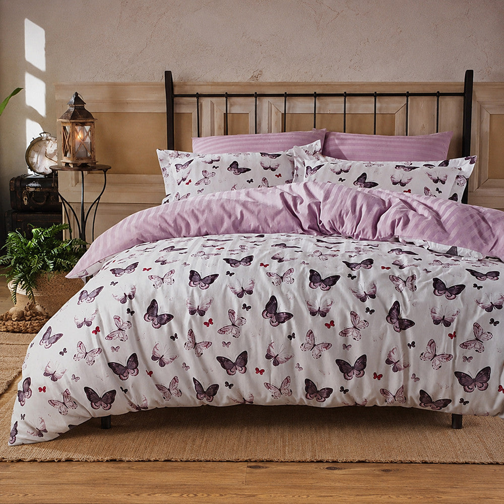Сатиновий набір постільної білизни, євро, Maison D'or Butterfly Valley Dark Lilac, Білий-бузковий / Постільний комплект із сатину