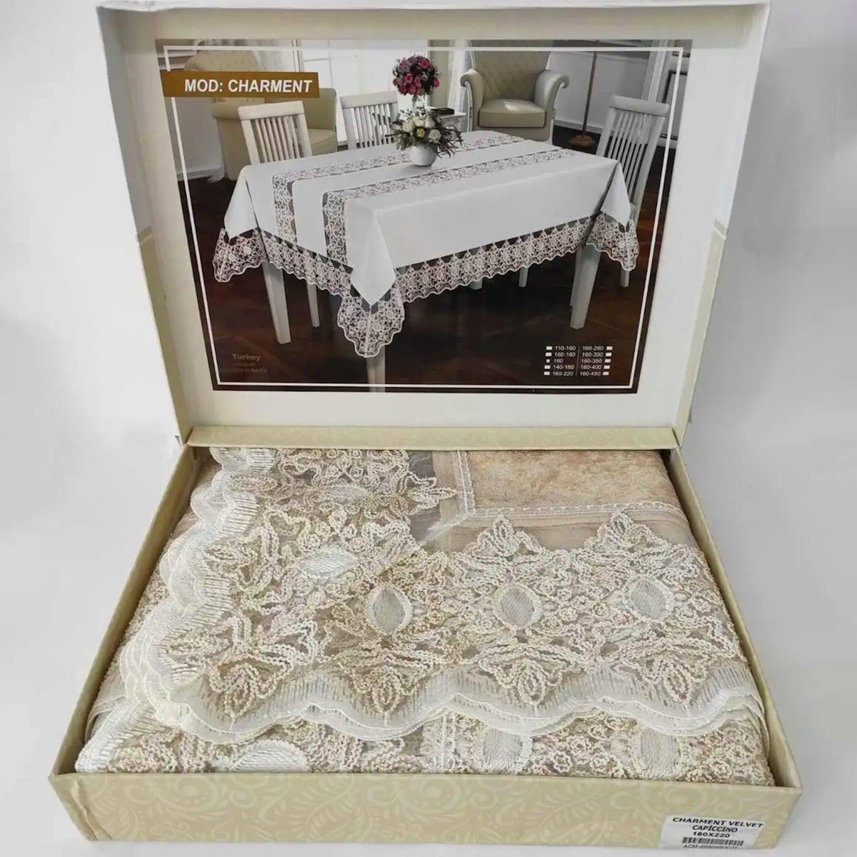 Скатертина велюрова, 160х110см, Acme Tekstil Charment, Капучино / Скатертина на стіл / Скатертина з мереживом