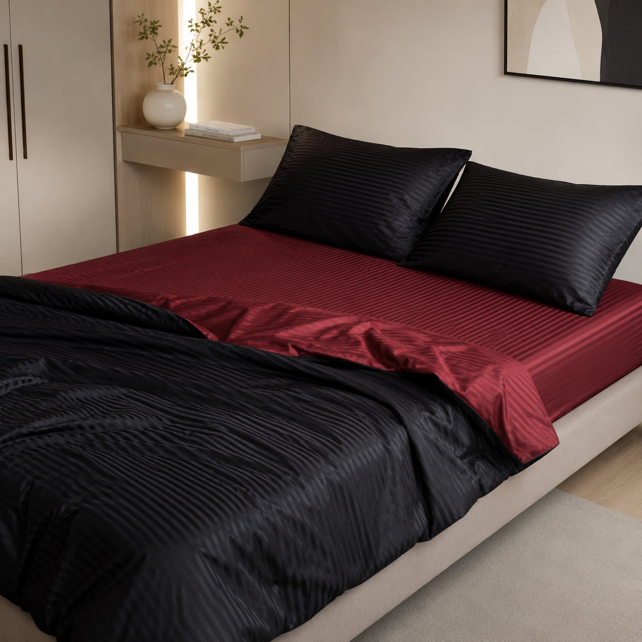 Постільна білизна полуторна, страйп-сатин LeLITSS3012, Коричневий з бежевим / Комплект постільної білизни / Півтораспальна постіль