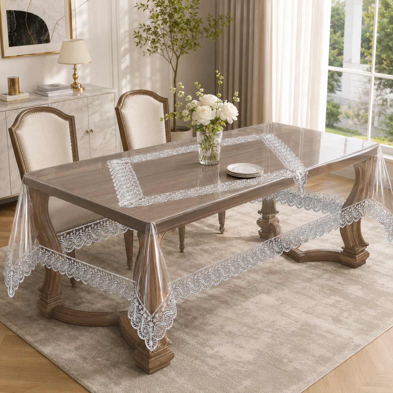 Силіконова скатертина з мереживом, 220х160см, Maison Royale Zaliv, / Скатертина на стіл / Прозора скатертина