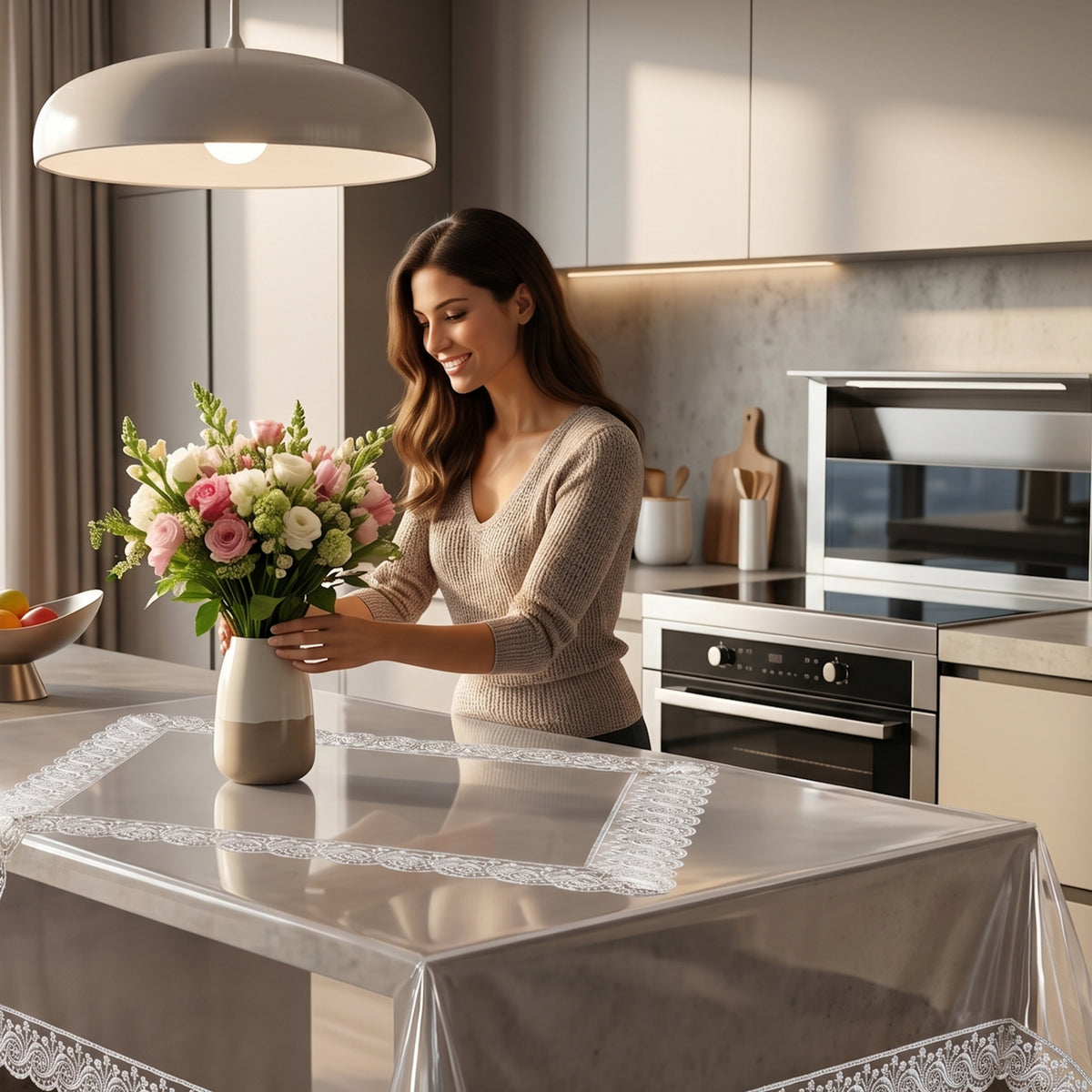 Силіконова скатертина з мереживом, 220х160см, Maison Royale Zaliv, / Скатертина на стіл / Прозора скатертина