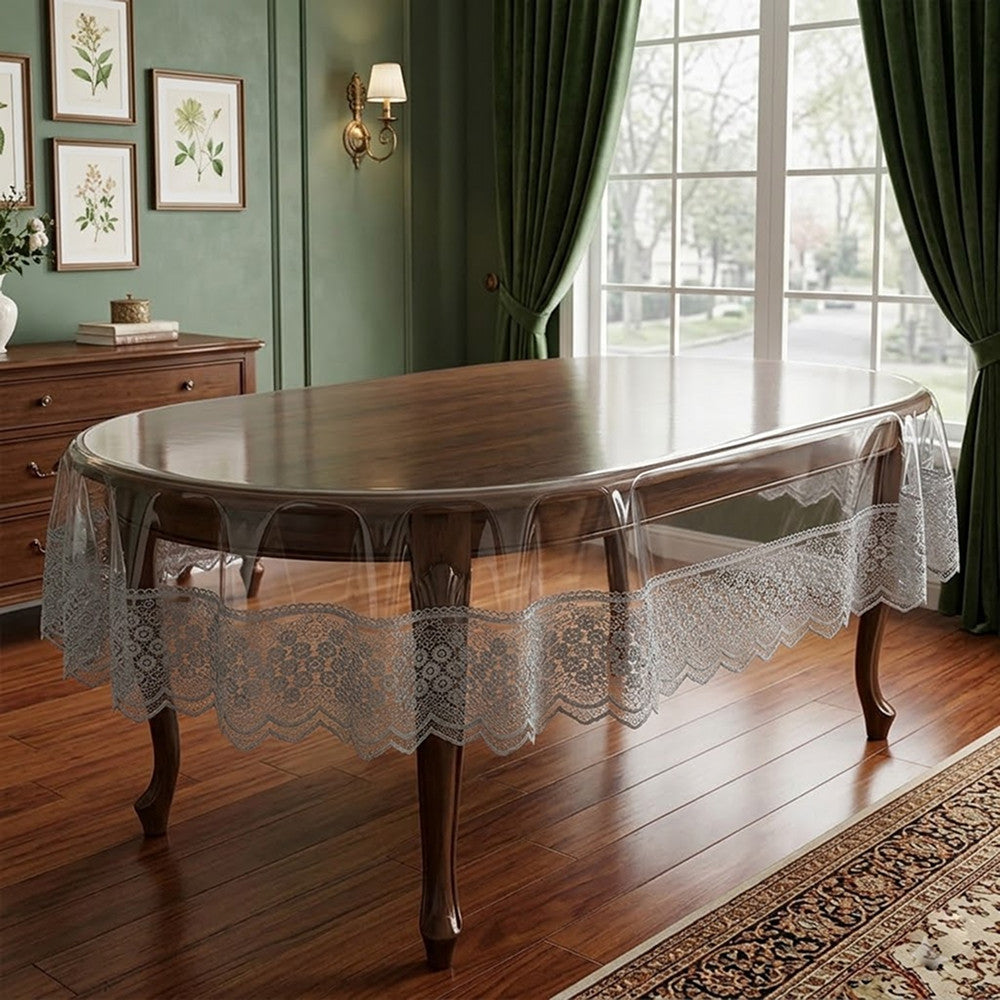 Захисна скатертина з силікону, з мереживом, овальна, 160х350см, Maison Royale Candy Cappuccino, Бежевий / Скатертина з ажурним краєм