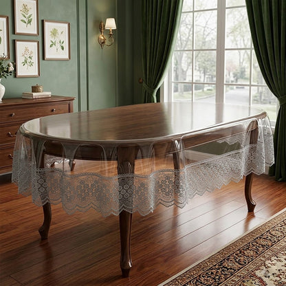 Захисна скатертина з силікону, з мереживом, овальна, 160х350см, Maison Royale Candy Cappuccino, Бежевий / Скатертина з ажурним краєм