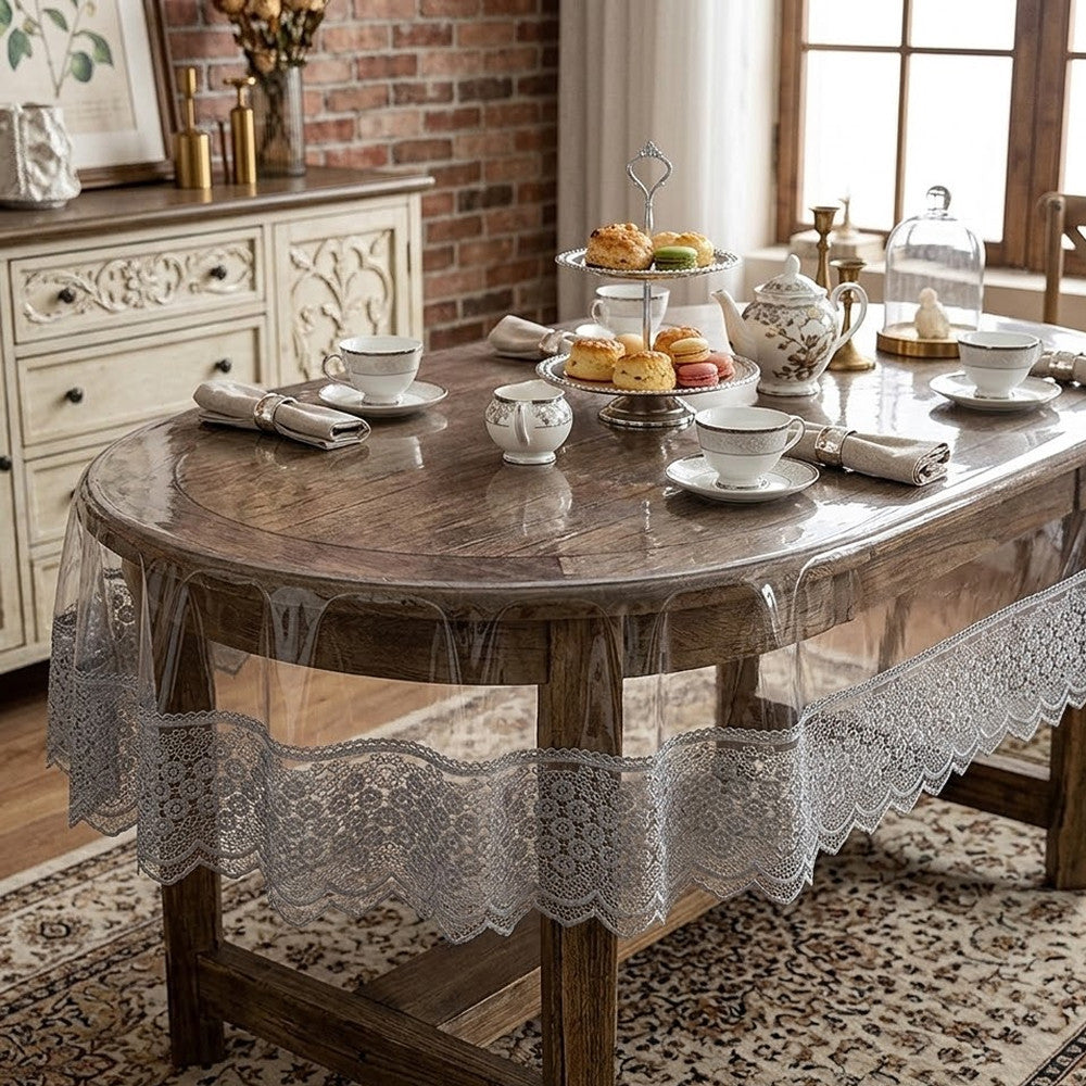 Захисна скатертина з силікону, з мереживом, овальна, 160х350см, Maison Royale Candy Cappuccino, Бежевий / Скатертина з ажурним краєм