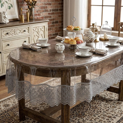 Захисна скатертина з силікону, з мереживом, овальна, 160х350см, Maison Royale Candy Cappuccino, Бежевий / Скатертина з ажурним краєм