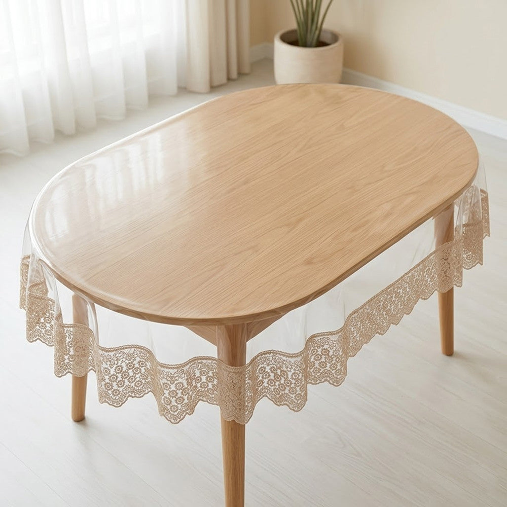 Захисна скатертина з силікону, з мереживом, овальна, 160х350см, Maison Royale Candy Cappuccino, Бежевий / Скатертина з ажурним краєм