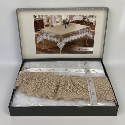 Захисна скатертина з силікону, з мереживом, овальна, 160х350см, Maison Royale Candy Cappuccino, Бежевий / Скатертина з ажурним краєм