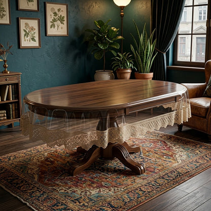 Захисна скатертина з силікону, з мереживом, овальна, 160х350см, Maison Royale Candy Cappuccino, Бежевий / Скатертина з ажурним краєм