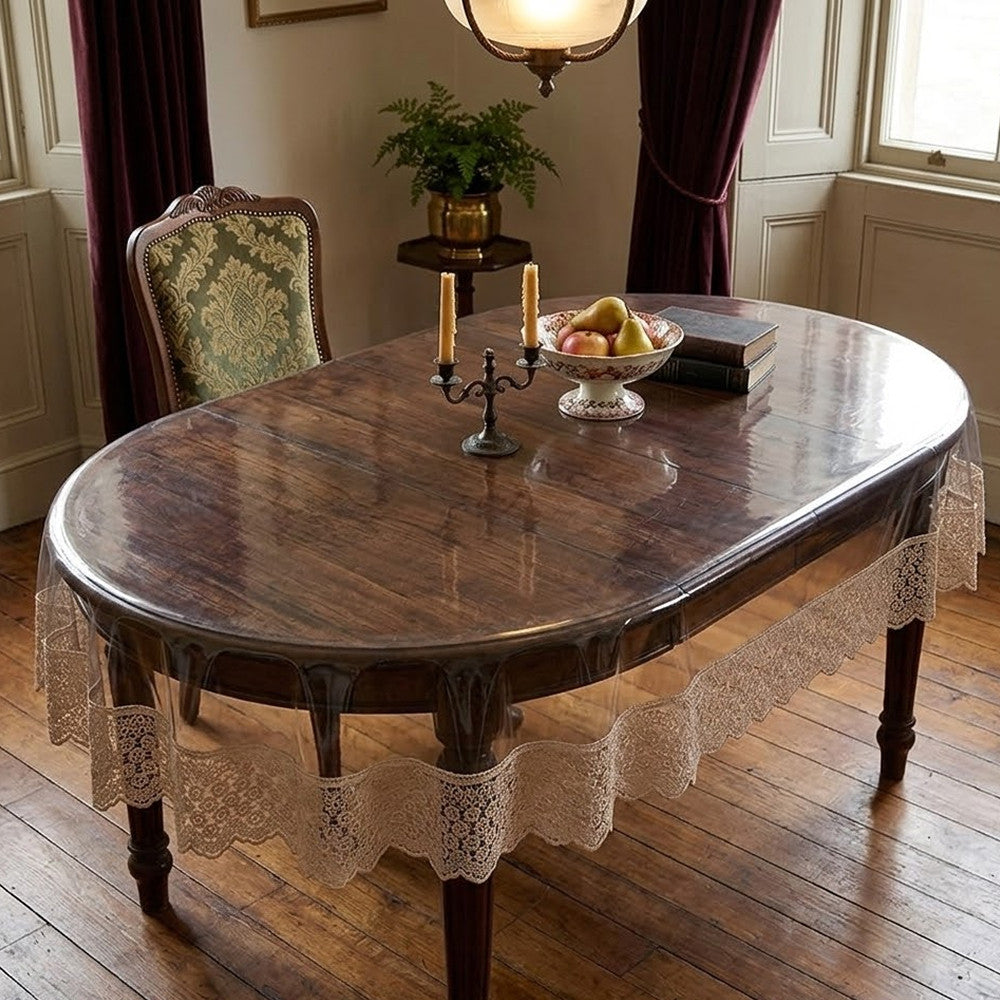 Захисна скатертина з силікону, з мереживом, овальна, 160х350см, Maison Royale Candy Cappuccino, Бежевий / Скатертина з ажурним краєм