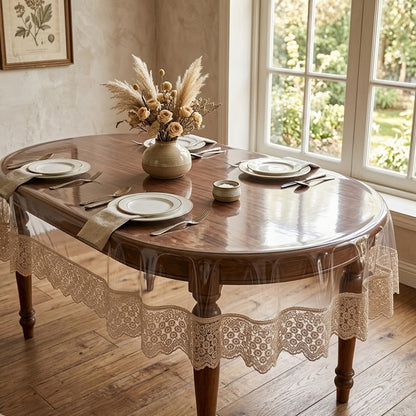Захисна скатертина з силікону, з мереживом, овальна, 160х350см, Maison Royale Candy Cappuccino, Бежевий / Скатертина з ажурним краєм
