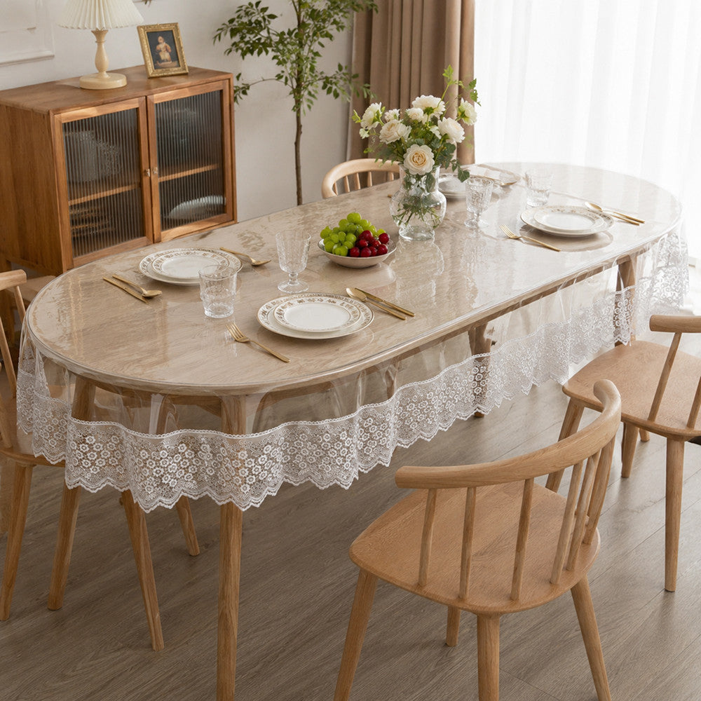 Захисна скатертина з силікону, з мереживом, овальна, 160х350см, Maison Royale Candy Cappuccino, Бежевий / Скатертина з ажурним краєм