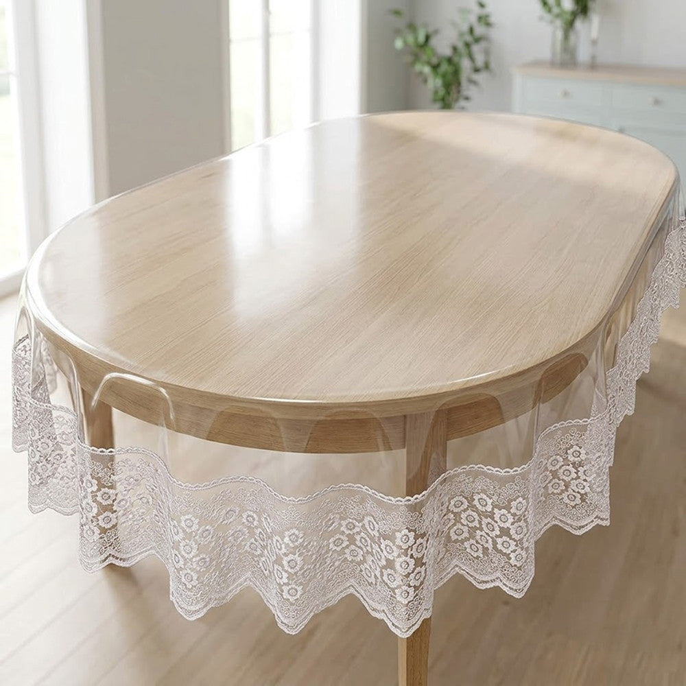 Захисна скатертина з силікону, з мереживом, овальна, 160х350см, Maison Royale Candy Cappuccino, Бежевий / Скатертина з ажурним краєм