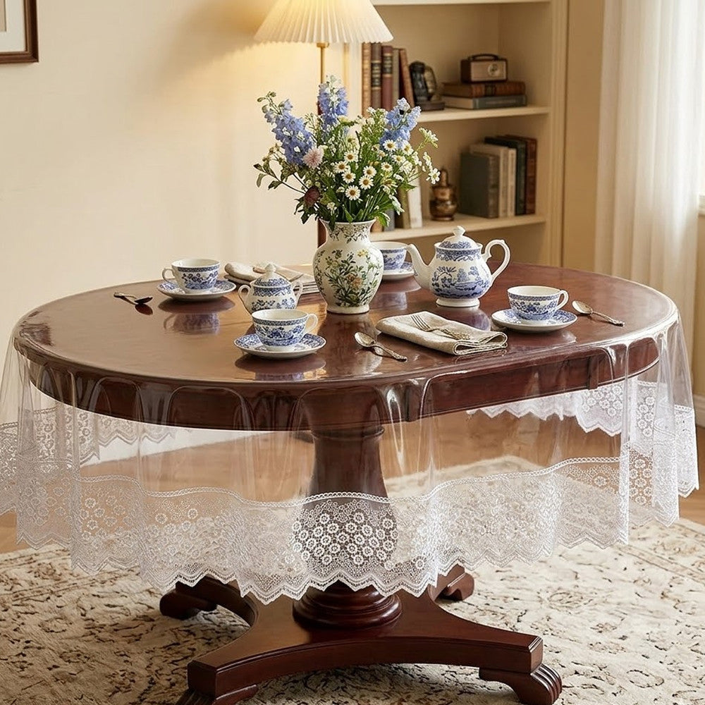 Захисна скатертина з силікону, з мереживом, овальна, 160х350см, Maison Royale Candy Cappuccino, Бежевий / Скатертина з ажурним краєм