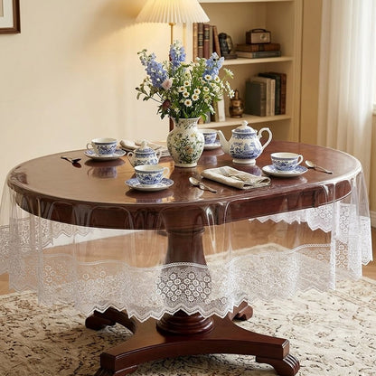 Захисна скатертина з силікону, з мереживом, овальна, 160х350см, Maison Royale Candy Cappuccino, Бежевий / Скатертина з ажурним краєм