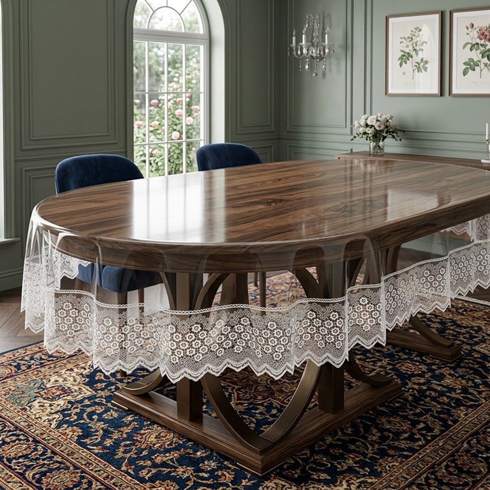 Захисна скатертина з силікону, з мереживом, овальна, 160х350см, Maison Royale Candy Cappuccino, Бежевий / Скатертина з ажурним краєм