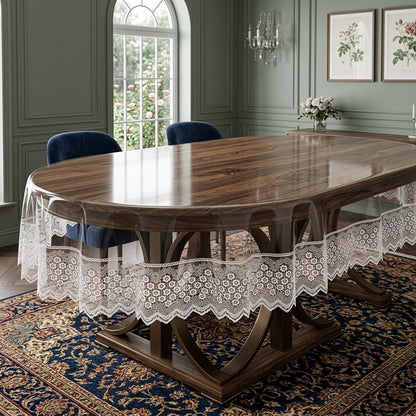 Захисна скатертина з силікону, з мереживом, овальна, 160х350см, Maison Royale Candy Cappuccino, Бежевий / Скатертина з ажурним краєм