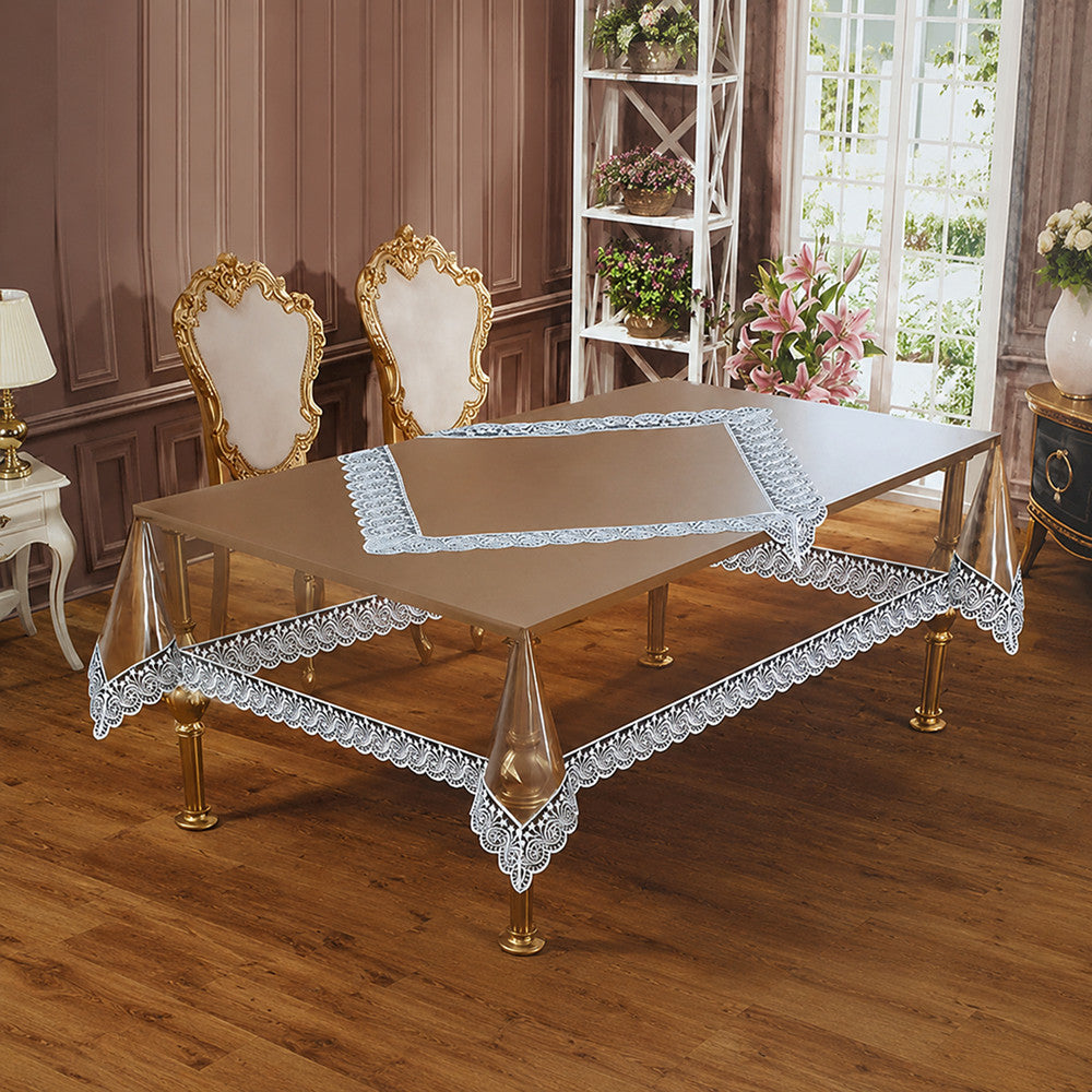 Скатертина з силікону, з мереживом, прямокутна, 160х400см, Maison Royale Zaliv Powder, Пудра / Скатертина м'яке скло ажурна