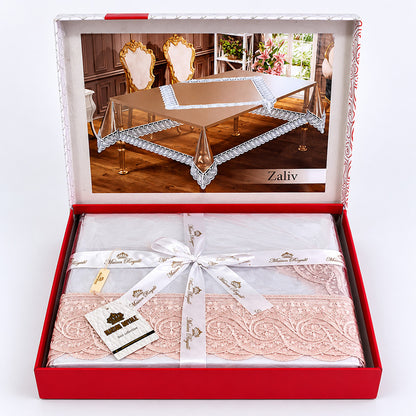 Скатертина з силікону, з мереживом, прямокутна, 160х400см, Maison Royale Zaliv Powder, Пудра / Скатертина м'яке скло ажурна