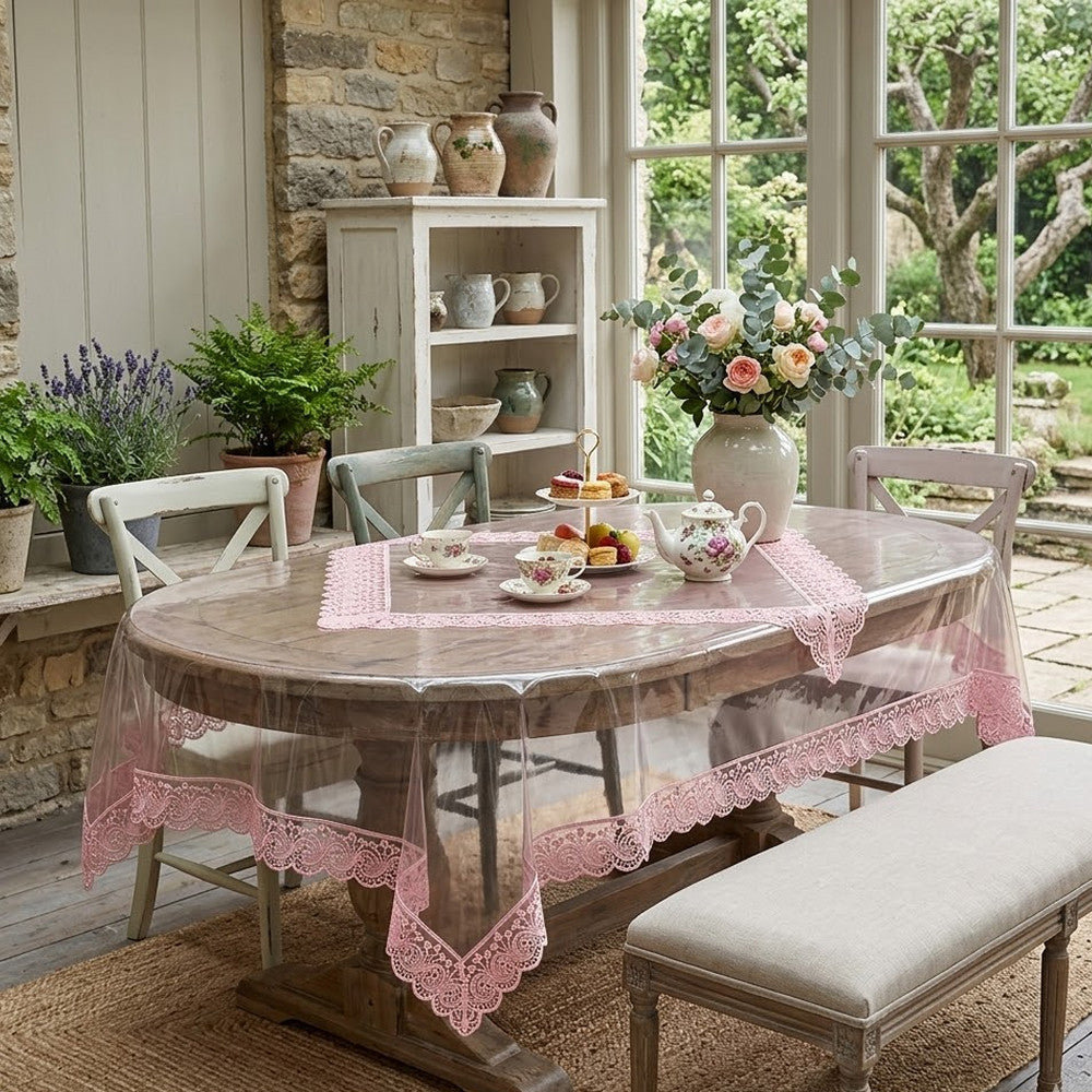 Скатертина з силікону, з мереживом, прямокутна, 160х400см, Maison Royale Zaliv Powder, Пудра / Скатертина м'яке скло ажурна