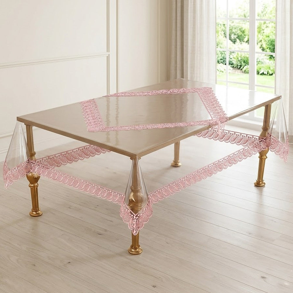 Скатертина з силікону, з мереживом, прямокутна, 160х400см, Maison Royale Zaliv Powder, Пудра / Скатертина м'яке скло ажурна