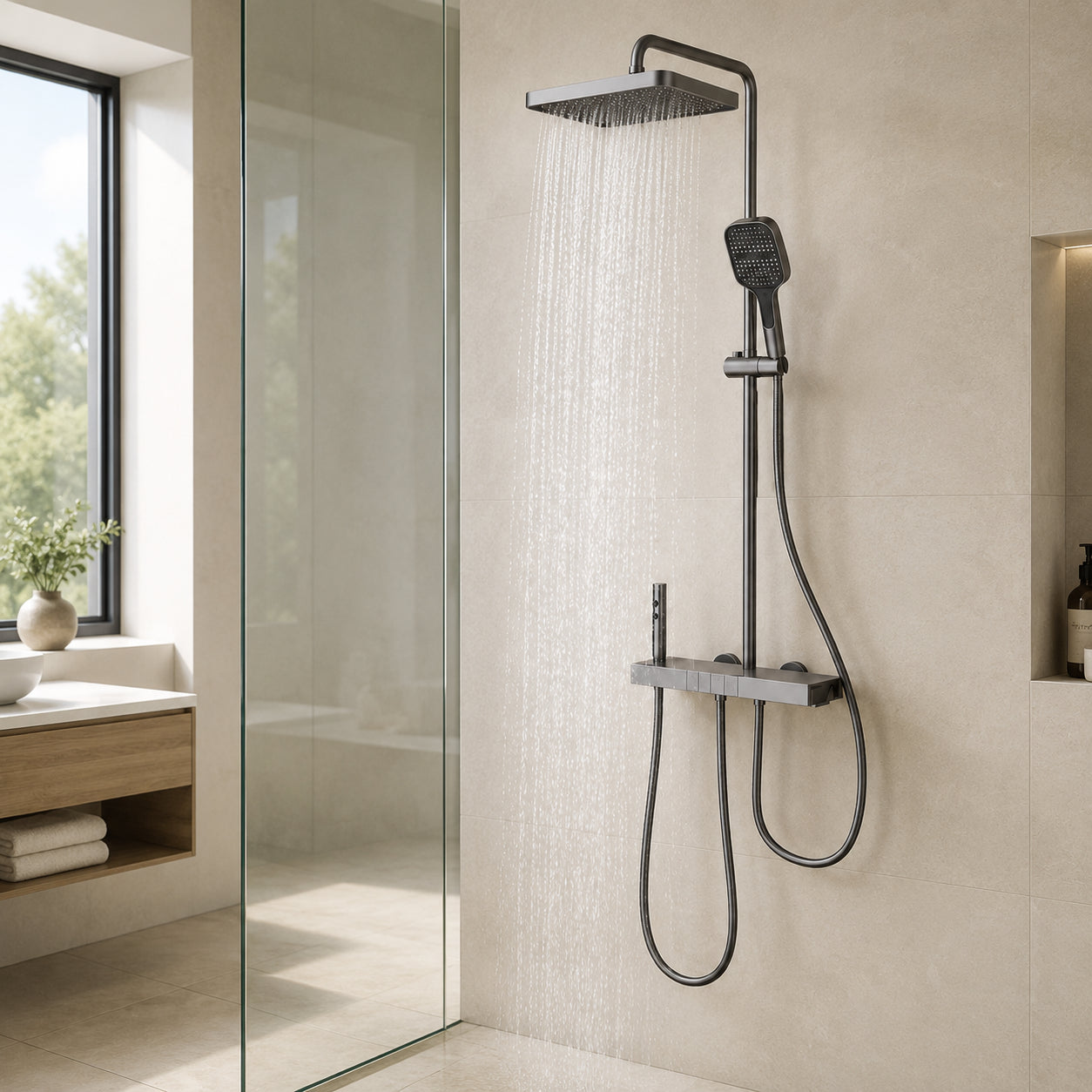 Душова система зі змішувачем Faucet CR25-HT028, Графіт / Душова панель Тропічний душ / Душова стійка для ванної