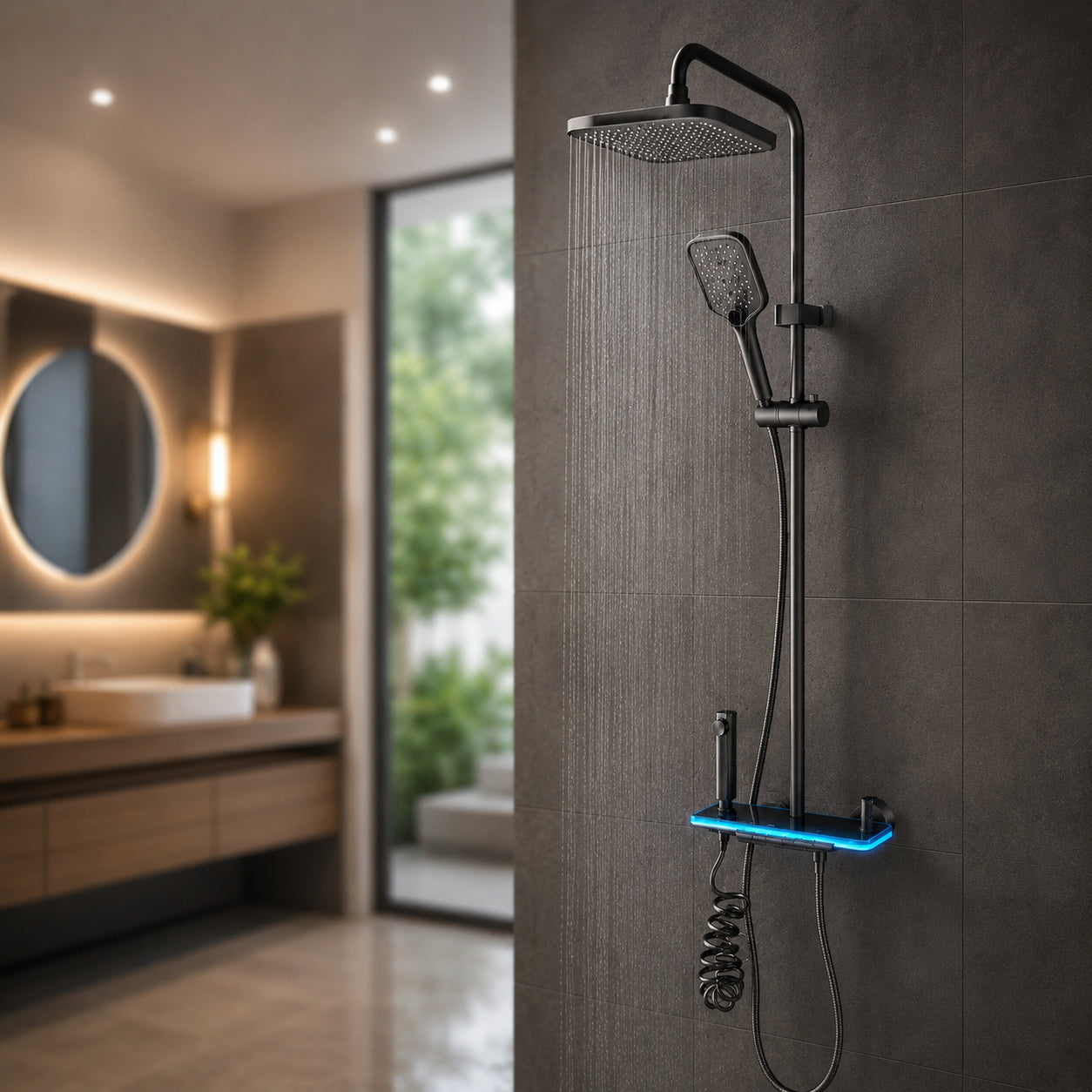 Душовий гарнітур зі змішувачем, LED підсвітка, Faucet CRH-8921, Графіт / Душова стійка тропічний душ / Душова панель для ванної