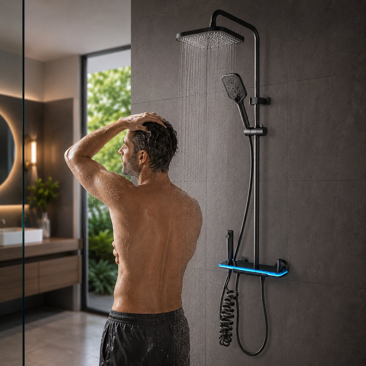 Душовий гарнітур зі змішувачем, LED підсвітка, Faucet CRH-8921, Графіт / Душова стійка тропічний душ / Душова панель для ванної