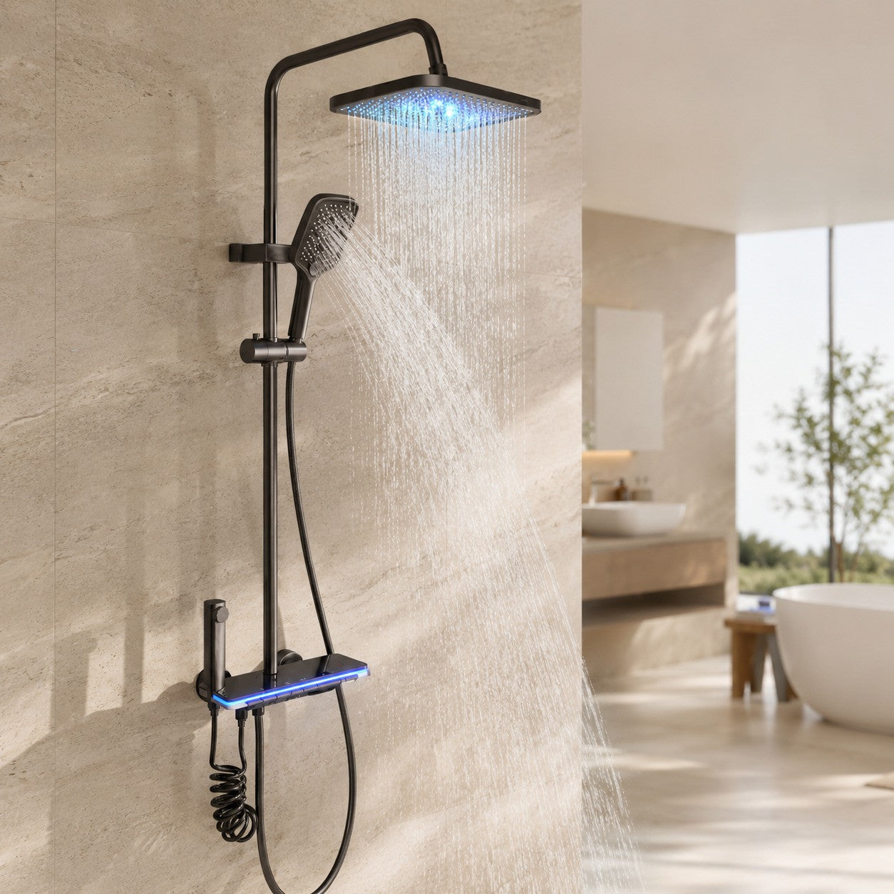 Душовий гарнітур зі змішувачем, LED підсвітка, Faucet CRH-8921, Графіт / Душова стійка тропічний душ / Душова панель для ванної